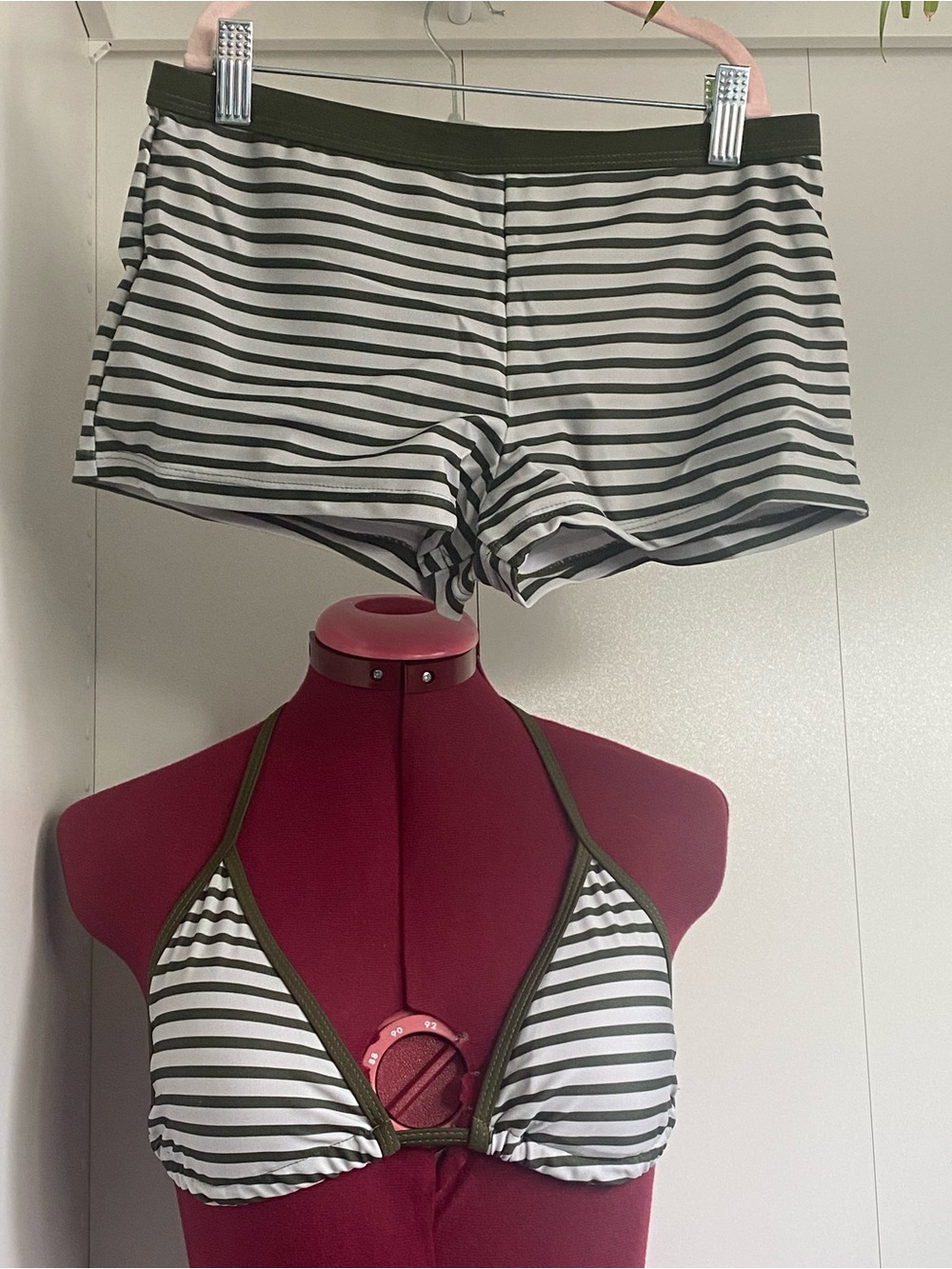 Striped Green Triangle Halter Bikini Top with Matching Cheeky Shortie Bottoms